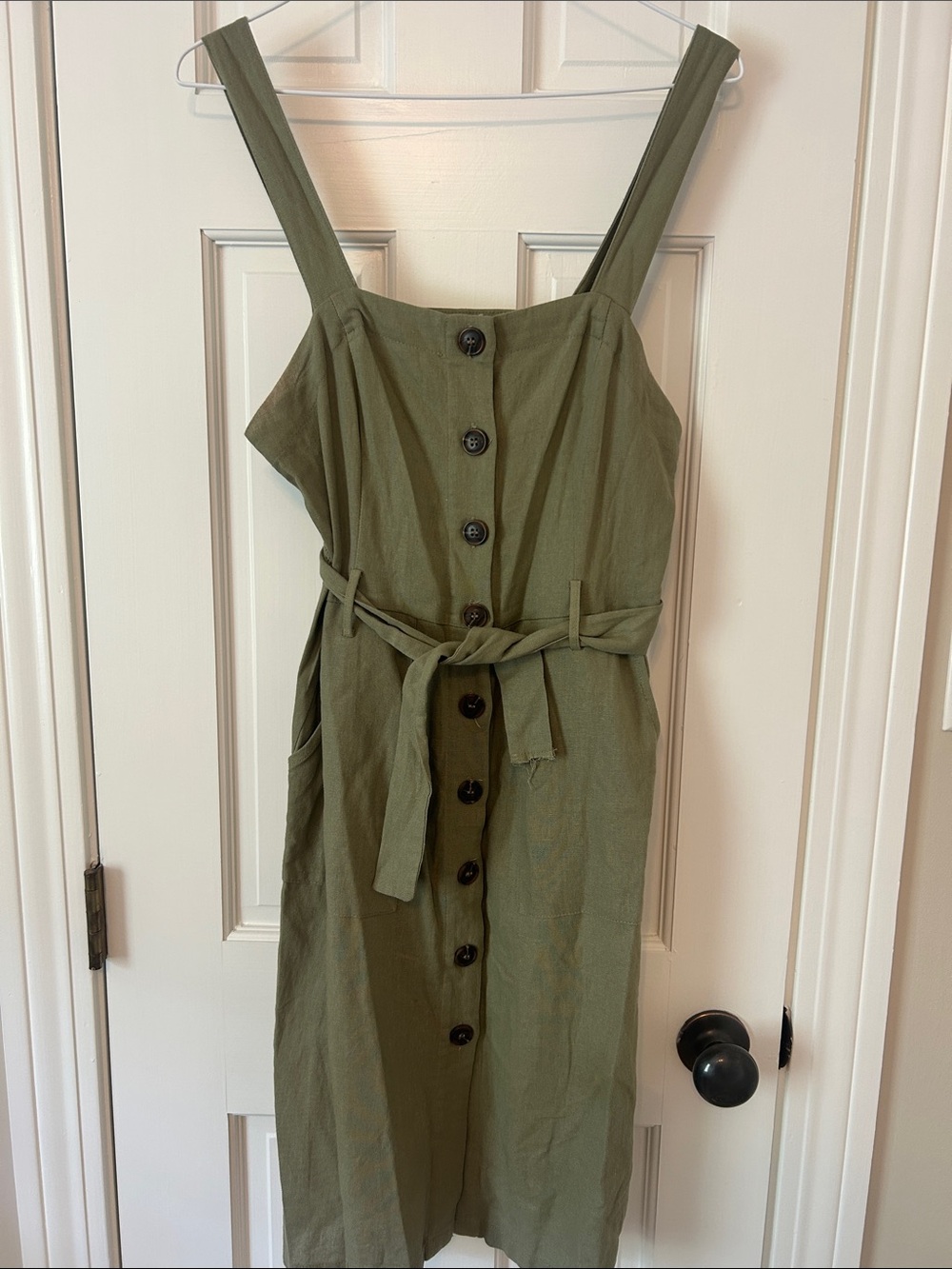 Altar'd State Olive Green Button-Down Midi Dress with Tie